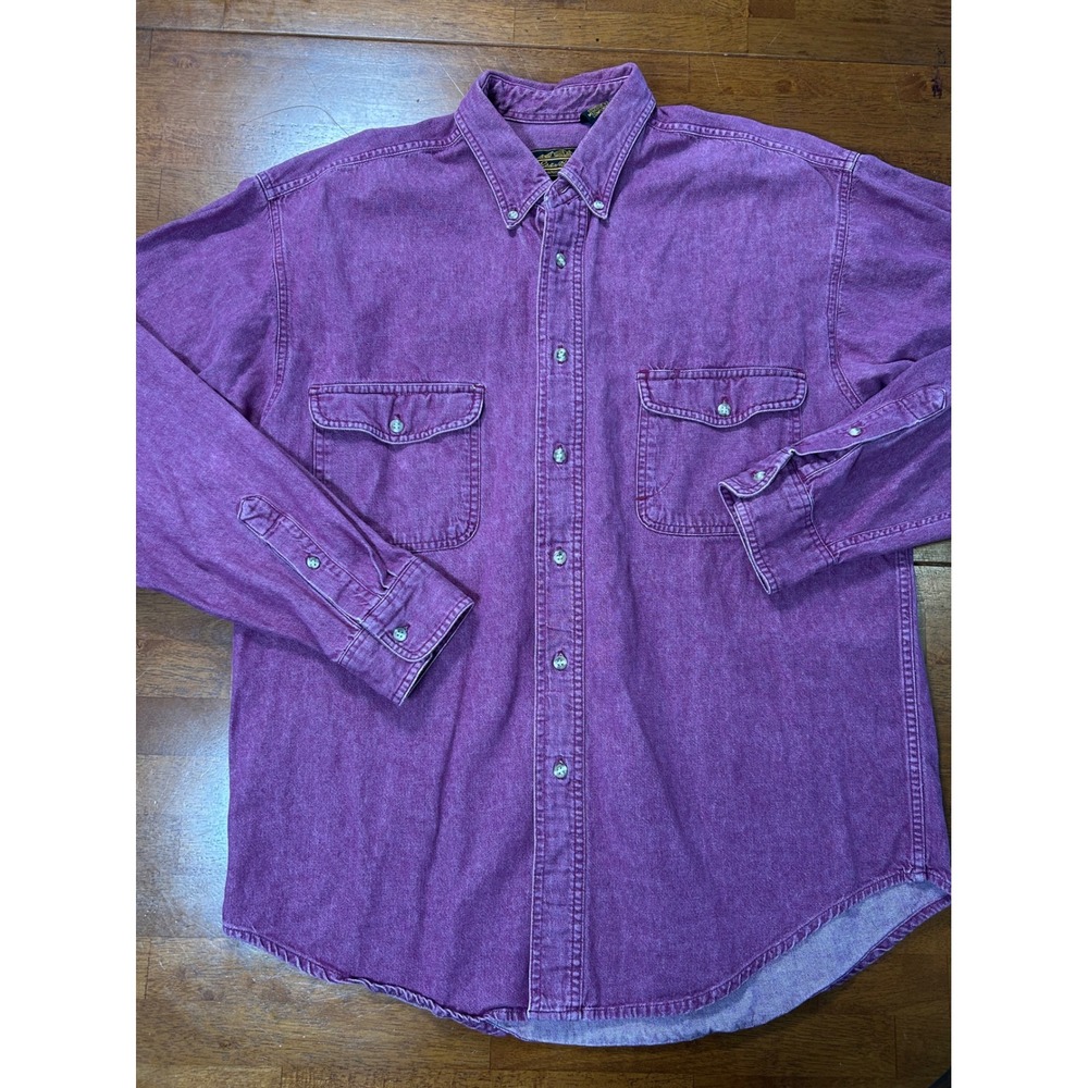 Vintage Eddie Bauer Button Down Denim Shirt Mens Large Purple Pockets